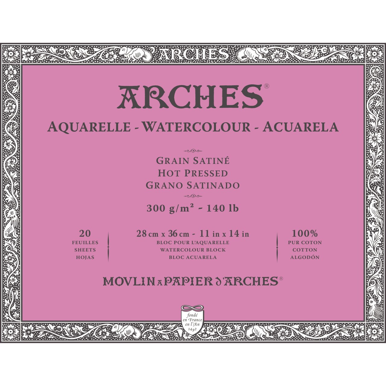 Arches Watercolor Block 11x14-inch Natural White 100% Cotton Paper - 20 Sheets of 140 lb Arches Hot Press Watercolor Paper - Arches Art Paper for Watercolor Gouache Ink Acrylic and More